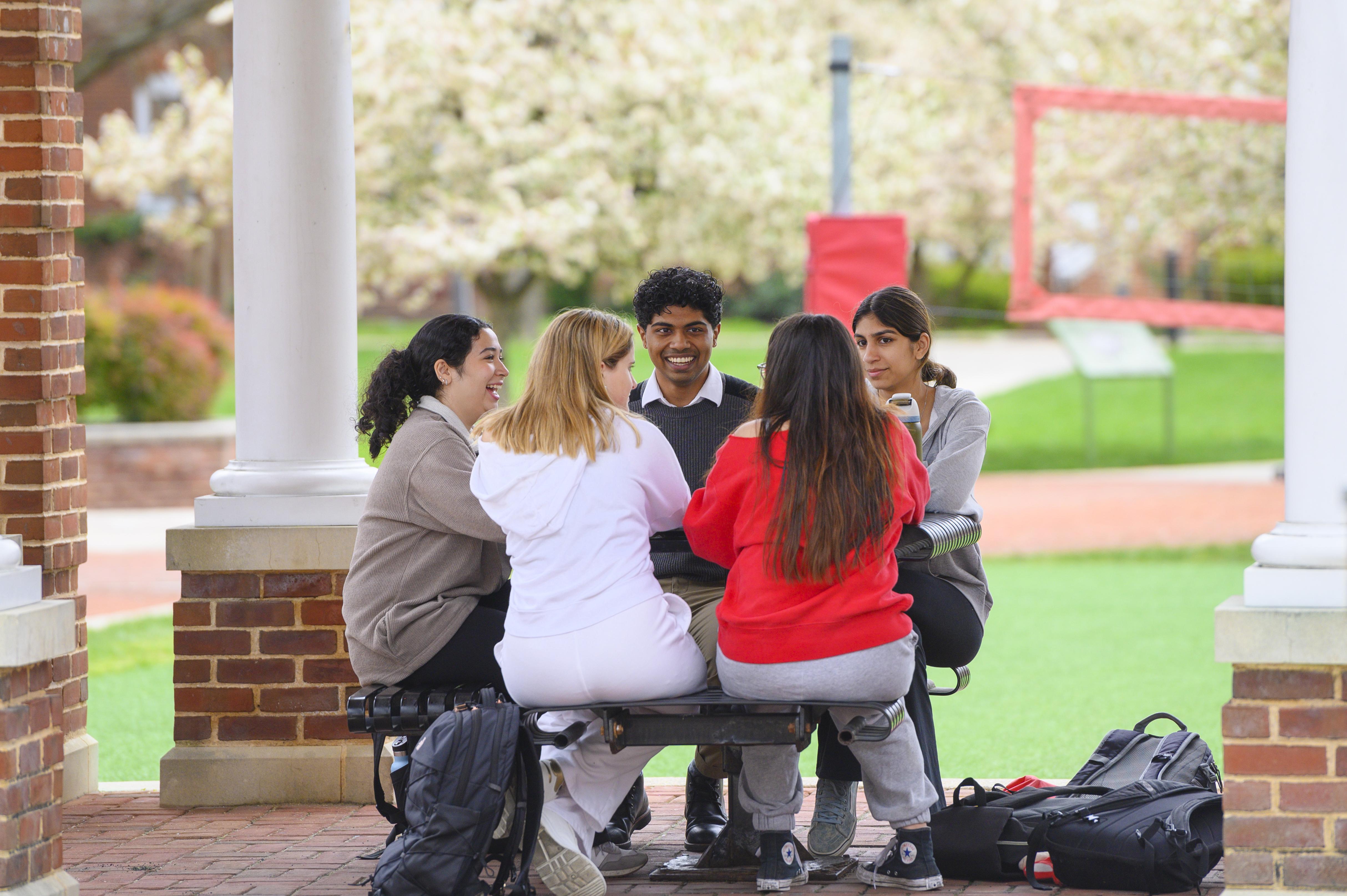 Students sitting around a bench
